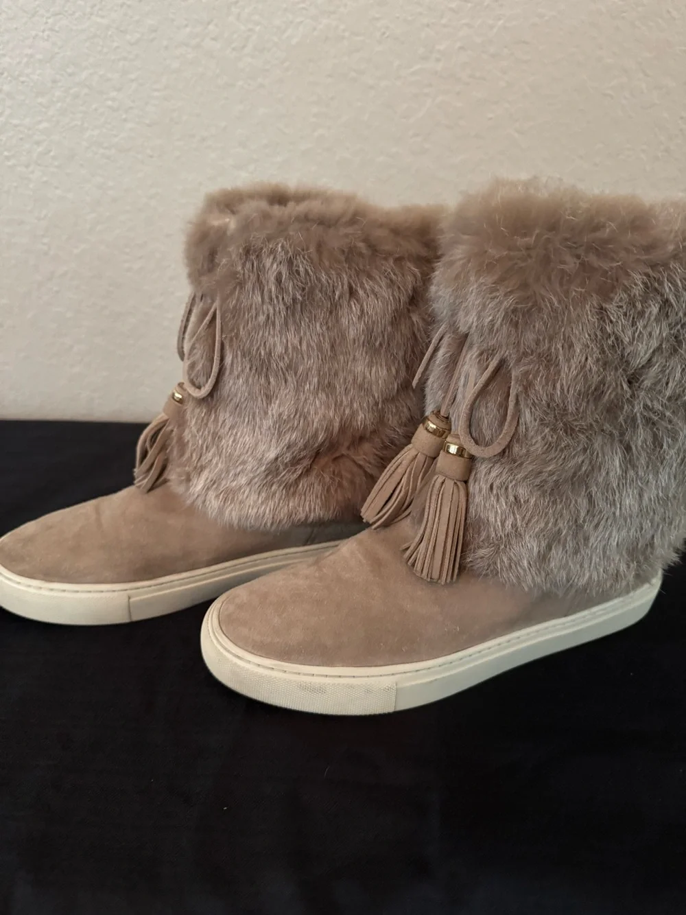 Tory Burch Taupe Faux Fur Tassel Ankle Booties